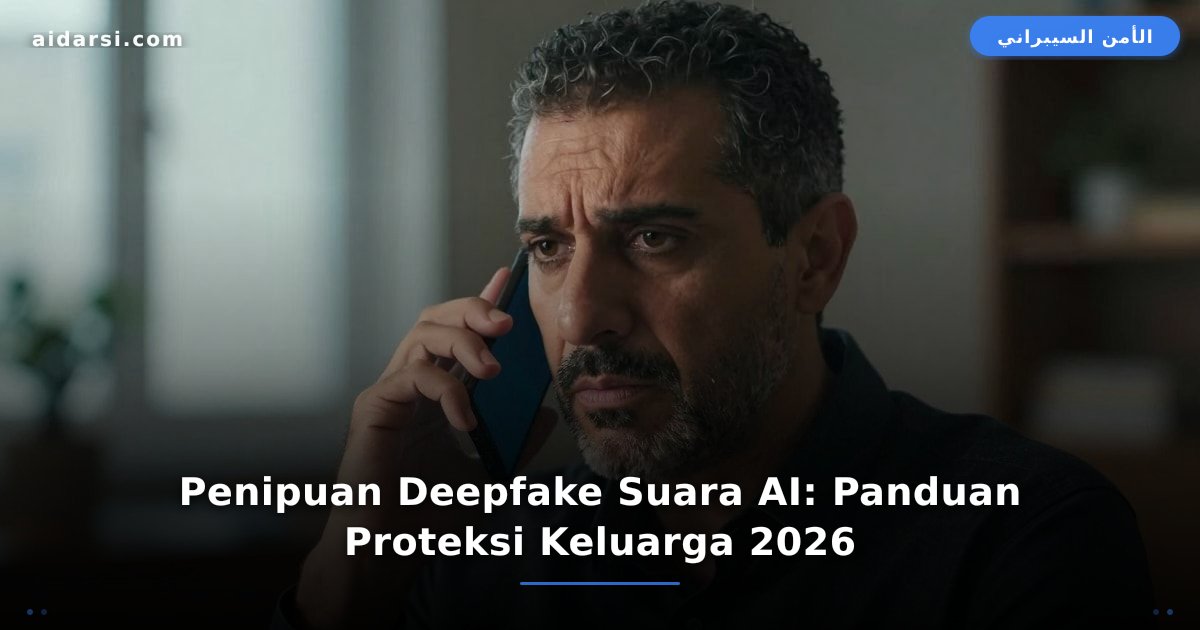 Ilustrasi gelombang suara ganda dengan ponsel dan topeng digital yang menggambarkan proses kloning suara berbasis AI dan serangan penipuan suara di tahun 2026